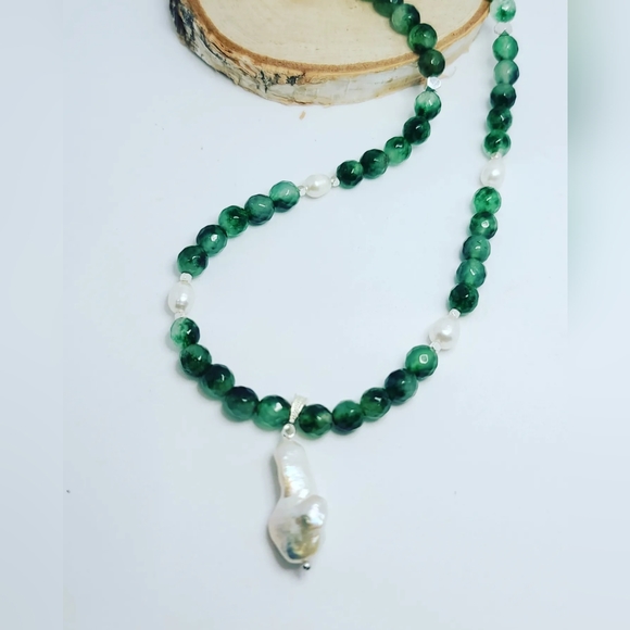 Faceted Moss Agate, Baroque Pearl necklace 8 mm - Picture 2 of 4